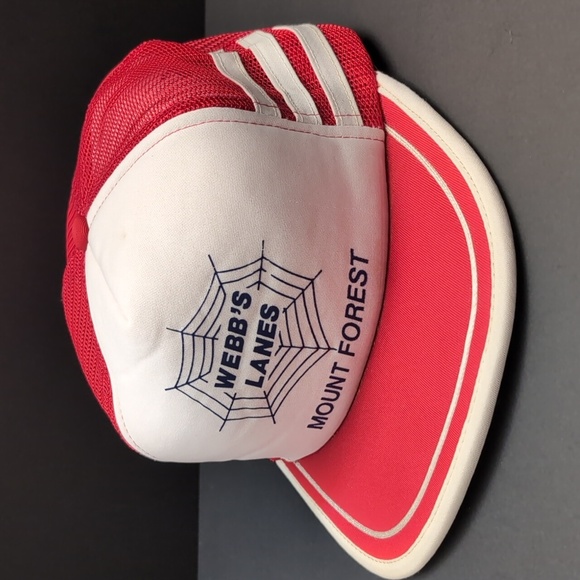 VTG,Webb's Lanes Mount Forest Red/White 3 Stripe Snapback Trucker Hat. - Picture 1 of 13